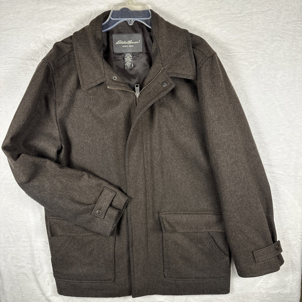 Eddie Bauer Jacket Mens L TALL Gray Wool Blend Car Coat Quilted Lining